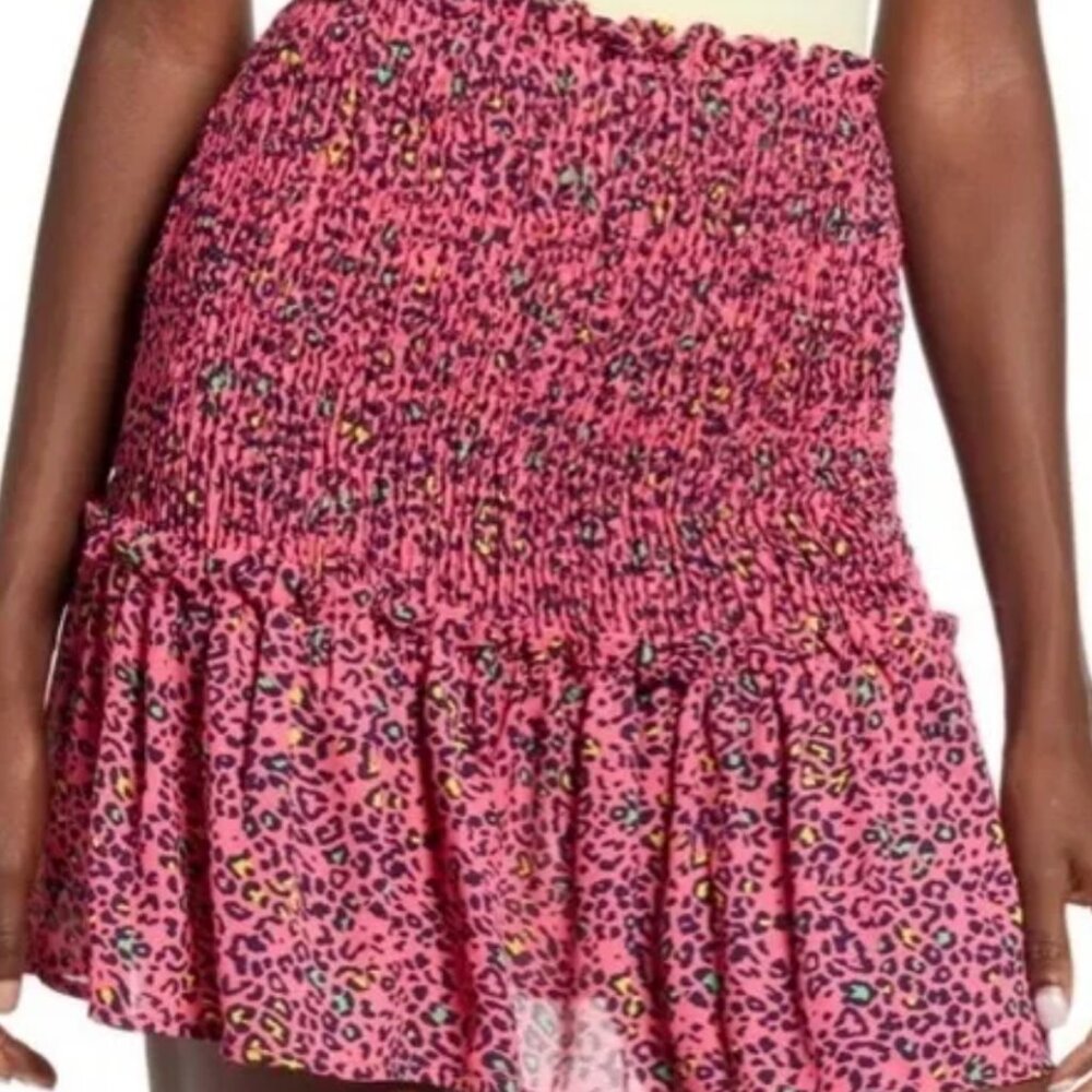 Good Luck Gem Pink Leopard Print Smocked Mini Skirt | Size L